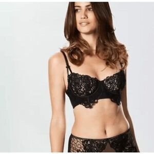 Ann Summers Black Satin Lace Cornelli Long Line Bra Women's Size 32B NWT